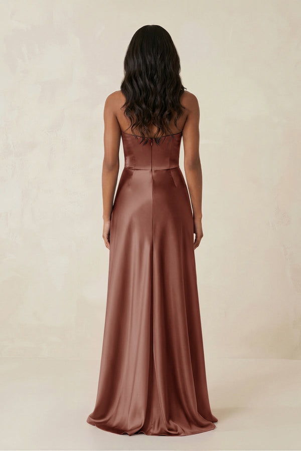Sheath Strapless Ruffled Satin Bridesmaid Dress in Brown - KissProm Bridesmaid Dresses