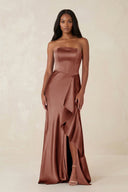 Sheath Strapless Ruffled Satin Bridesmaid Dress in Brown - KissProm Bridesmaid Dresses