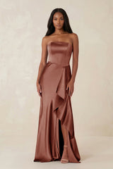 Sheath Strapless Ruffled Satin Bridesmaid Dress in Brown - KissProm Bridesmaid Dresses