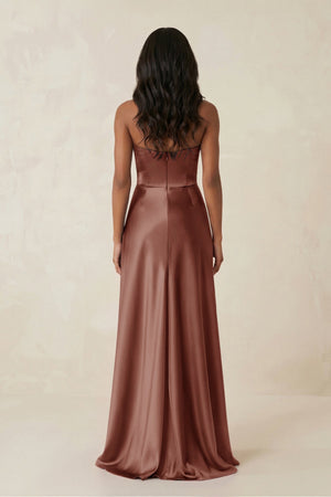 Sheath Strapless Ruffled Satin Bridesmaid Dress in Brown - KissProm Bridesmaid Dresses