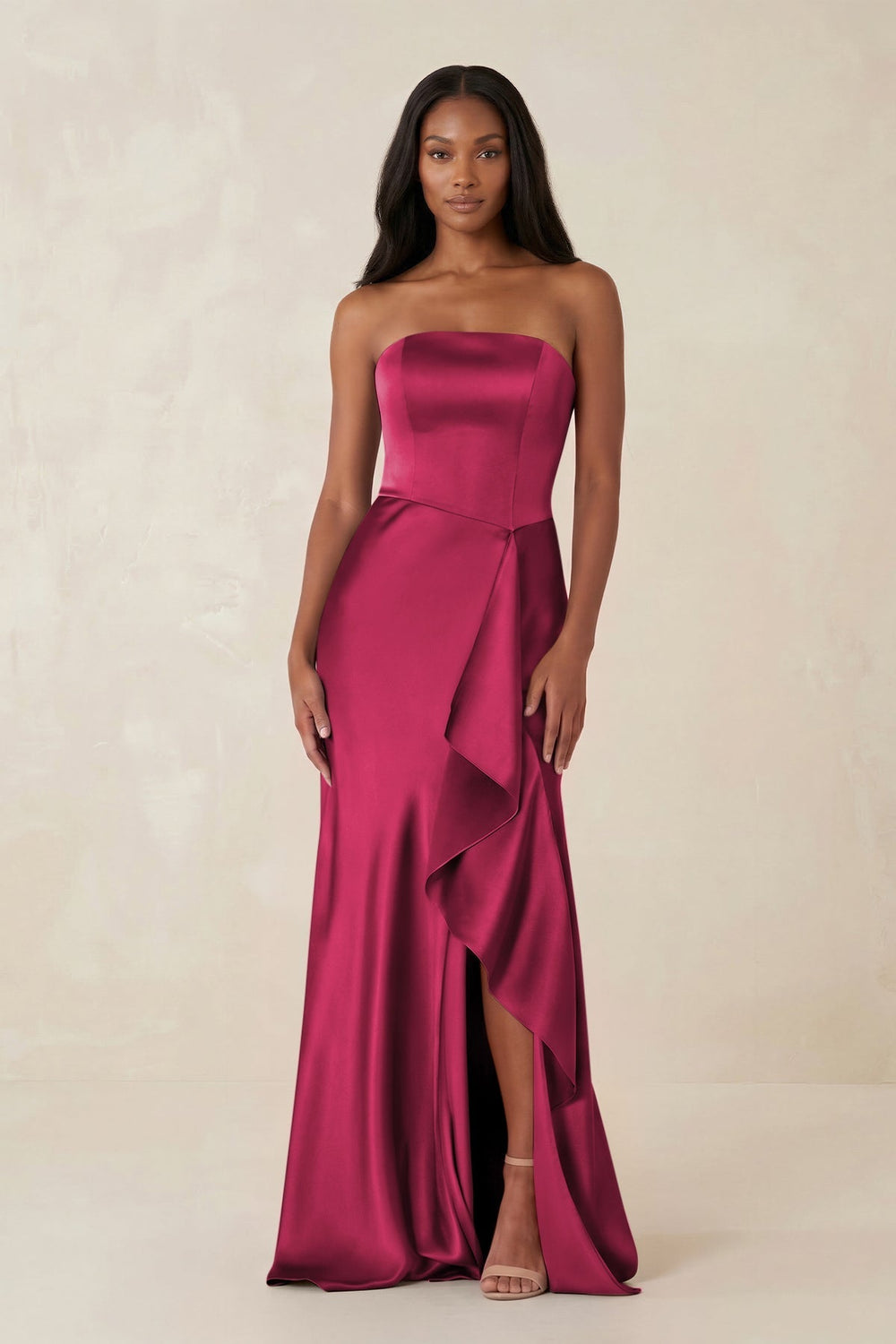 Sheath Strapless Ruffled Satin Bridesmaid Dress in Burgundy - KissProm Bridesmaid Dresses