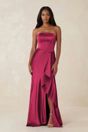 Sheath Strapless Ruffled Satin Bridesmaid Dress in Burgundy - KissProm Bridesmaid Dresses