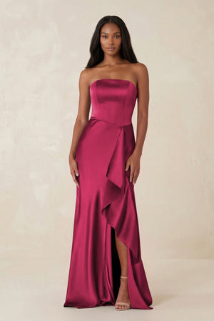 Sheath Strapless Ruffled Satin Bridesmaid Dress in Burgundy - KissProm Bridesmaid Dresses