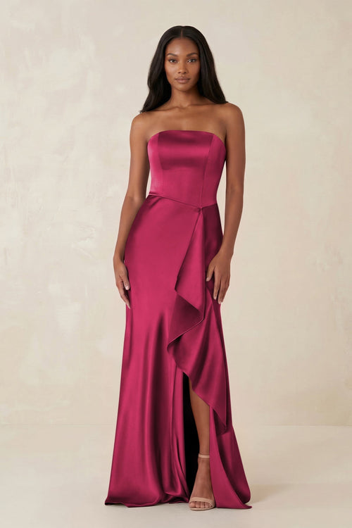 Sheath Strapless Ruffled Satin Bridesmaid Dress in Burgundy - KissProm Bridesmaid Dresses