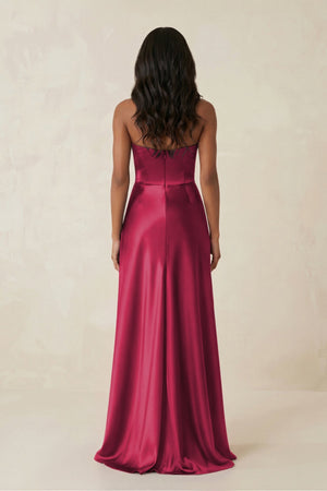 Sheath Strapless Ruffled Satin Bridesmaid Dress in Burgundy - KissProm Bridesmaid Dresses