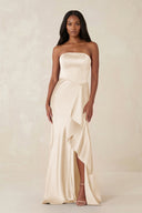 Sheath Strapless Ruffled Satin Bridesmaid Dress in Buttercream - KissProm Bridesmaid Dresses