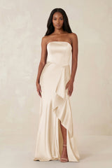 Sheath Strapless Ruffled Satin Bridesmaid Dress in Buttercream - KissProm Bridesmaid Dresses