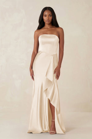 Sheath Strapless Ruffled Satin Bridesmaid Dress in Buttercream - KissProm Bridesmaid Dresses