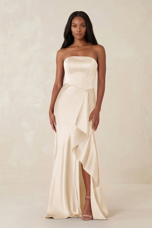 Sheath Strapless Ruffled Satin Bridesmaid Dress in Buttercream - KissProm Bridesmaid Dresses