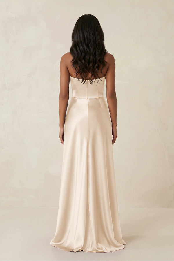Sheath Strapless Ruffled Satin Bridesmaid Dress in Buttercream - KissProm Bridesmaid Dresses