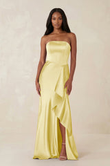 Sheath Strapless Ruffled Satin Bridesmaid Dress in Buttercup - KissProm Bridesmaid Dresses