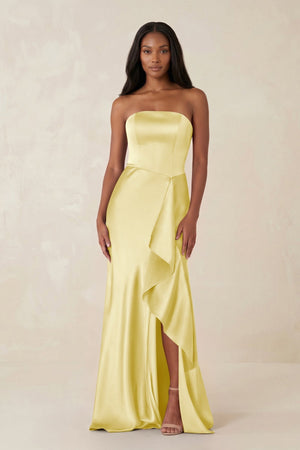 Sheath Strapless Ruffled Satin Bridesmaid Dress in Buttercup - KissProm Bridesmaid Dresses
