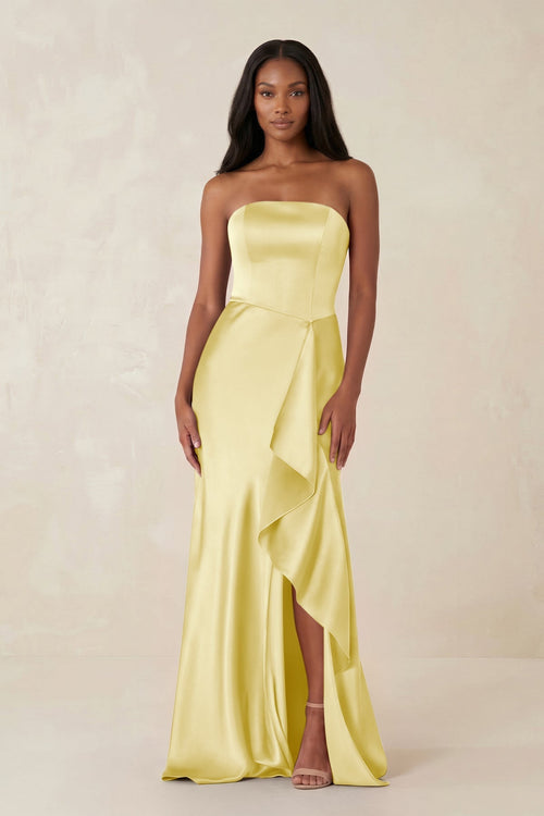 Sheath Strapless Ruffled Satin Bridesmaid Dress in Buttercup - KissProm Bridesmaid Dresses