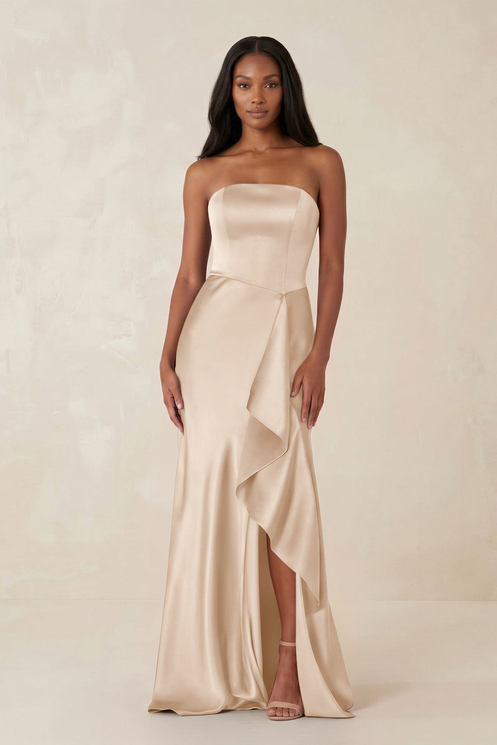 Sheath Strapless Ruffled Satin Bridesmaid Dress in Champagne - KissProm Bridesmaid Dresses