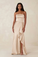Sheath Strapless Ruffled Satin Bridesmaid Dress in Champagne - KissProm Bridesmaid Dresses