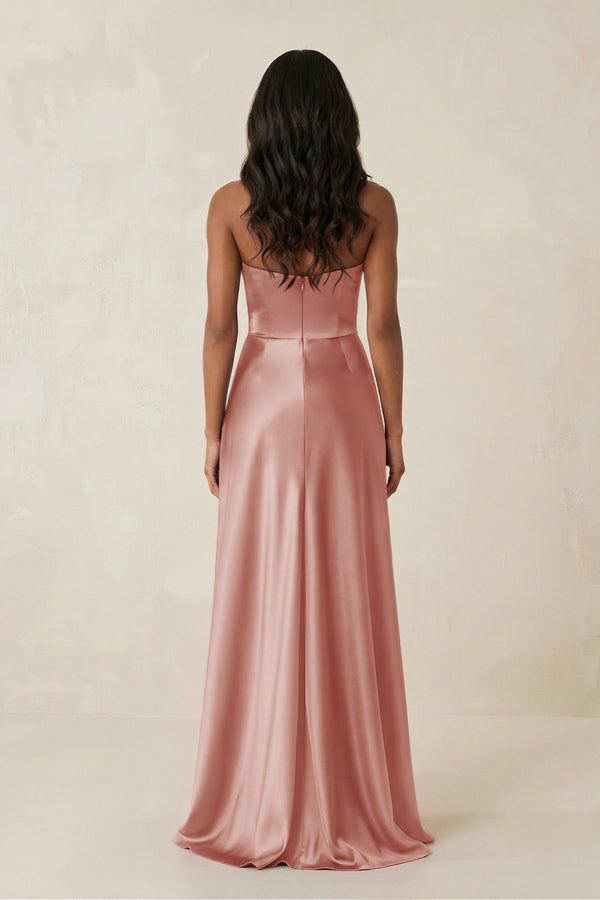 Sheath Strapless Ruffled Satin Bridesmaid Dress in Champagne Rose - KissProm Bridesmaid Dresses