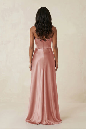 Sheath Strapless Ruffled Satin Bridesmaid Dress in Champagne Rose - KissProm Bridesmaid Dresses