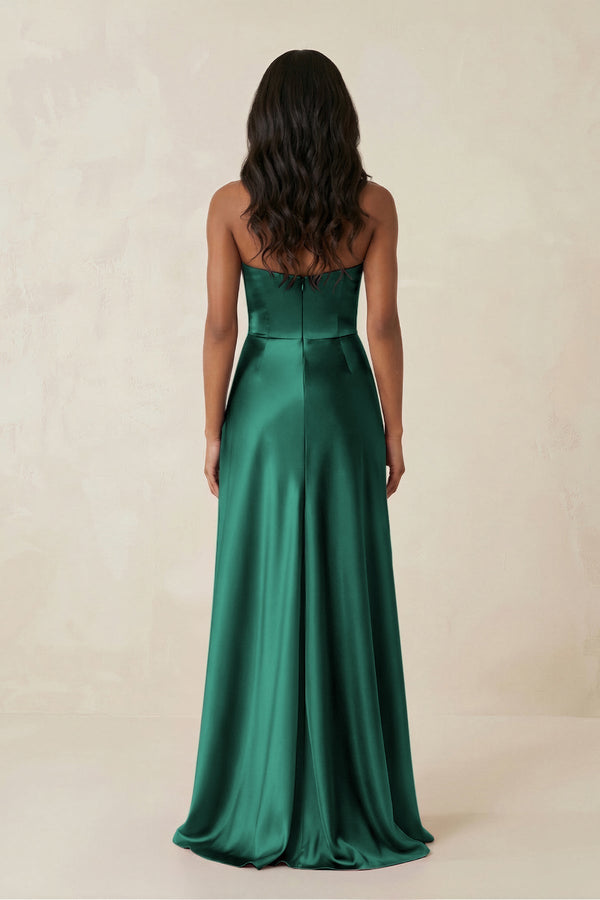 Sheath Strapless Ruffled Satin Bridesmaid Dress in Dark Green - KissProm Bridesmaid Dresses