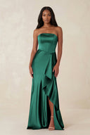 Sheath Strapless Ruffled Satin Bridesmaid Dress in Dark Green - KissProm Bridesmaid Dresses