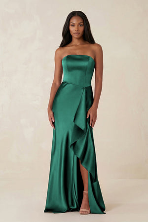 Sheath Strapless Ruffled Satin Bridesmaid Dress in Dark Green - KissProm Bridesmaid Dresses