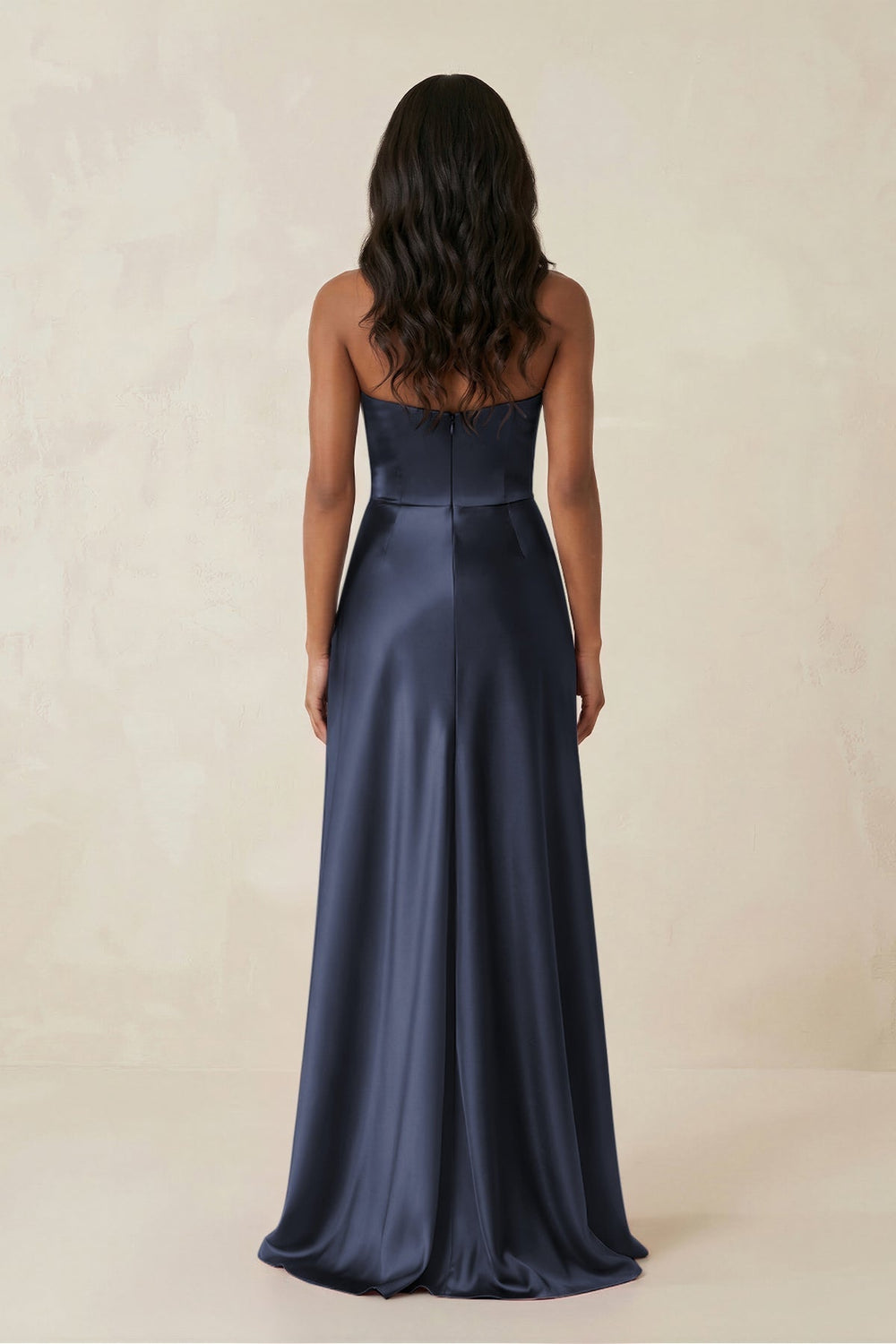 Sheath Strapless Ruffled Satin Bridesmaid Dress in Dark Navy - KissProm Bridesmaid Dresses