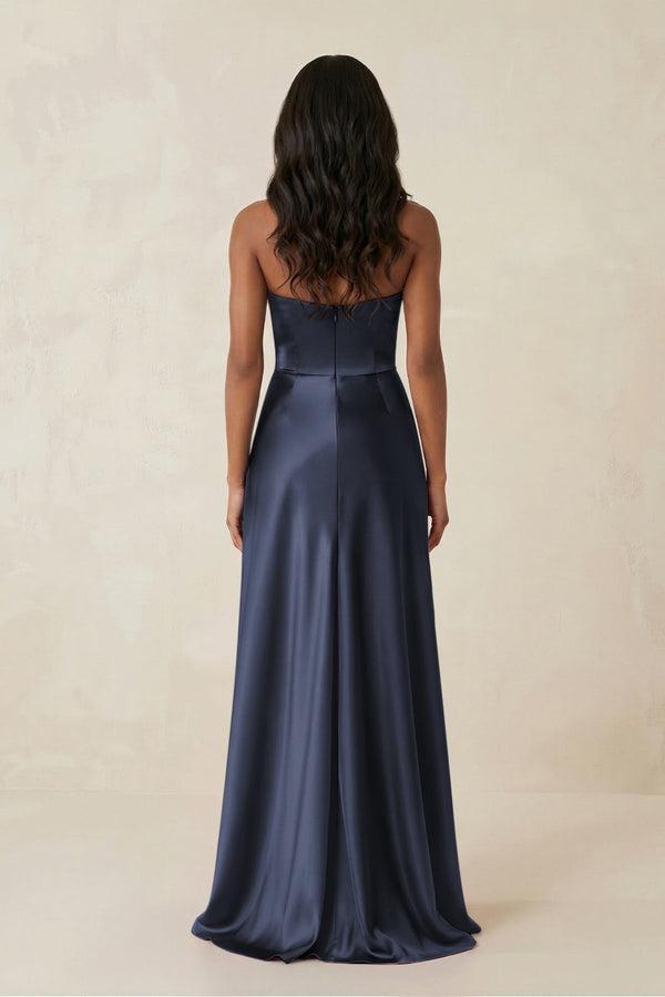 Sheath Strapless Ruffled Satin Bridesmaid Dress in Dark Navy - KissProm Bridesmaid Dresses