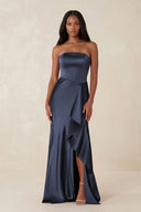 Sheath Strapless Ruffled Satin Bridesmaid Dress in Dark Navy - KissProm Bridesmaid Dresses