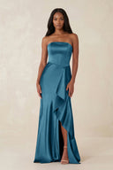 Sheath Strapless Ruffled Satin Bridesmaid Dress in Dark Teal - KissProm Bridesmaid Dresses