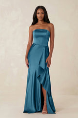 Sheath Strapless Ruffled Satin Bridesmaid Dress in Dark Teal - KissProm Bridesmaid Dresses