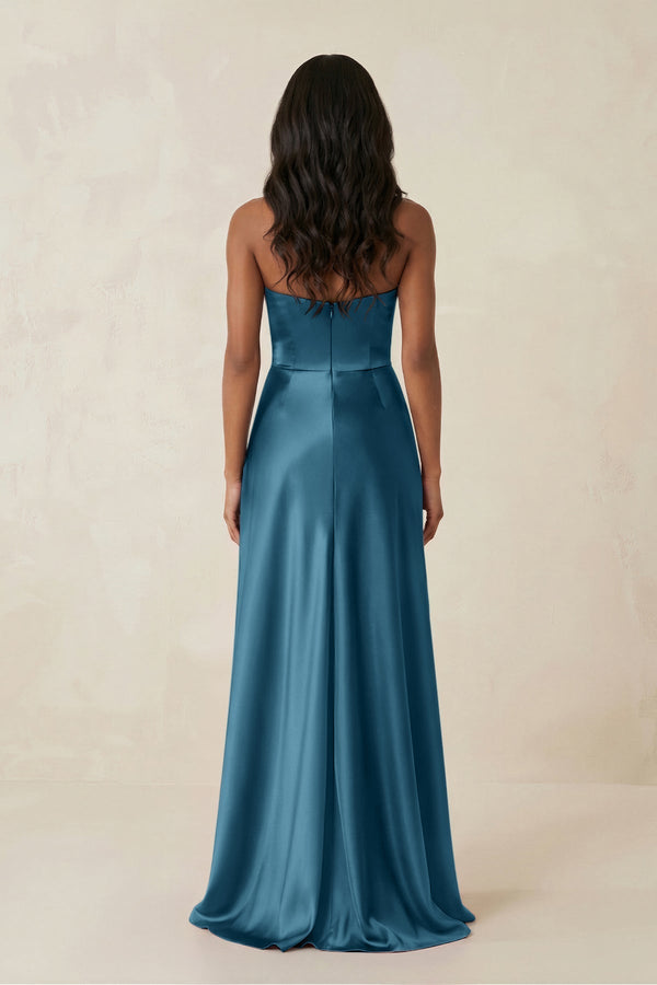 Sheath Strapless Ruffled Satin Bridesmaid Dress in Dark Teal - KissProm Bridesmaid Dresses