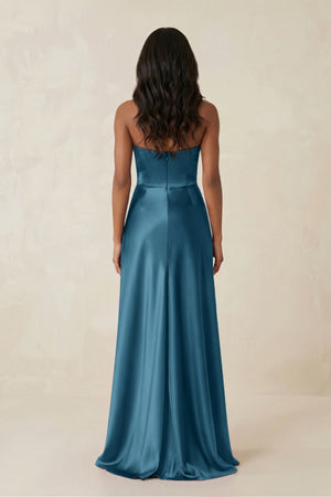 Sheath Strapless Ruffled Satin Bridesmaid Dress in Dark Teal - KissProm Bridesmaid Dresses