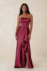 Sheath Strapless Ruffled Satin Bridesmaid Dress in Desert Rose - KissProm Bridesmaid Dresses