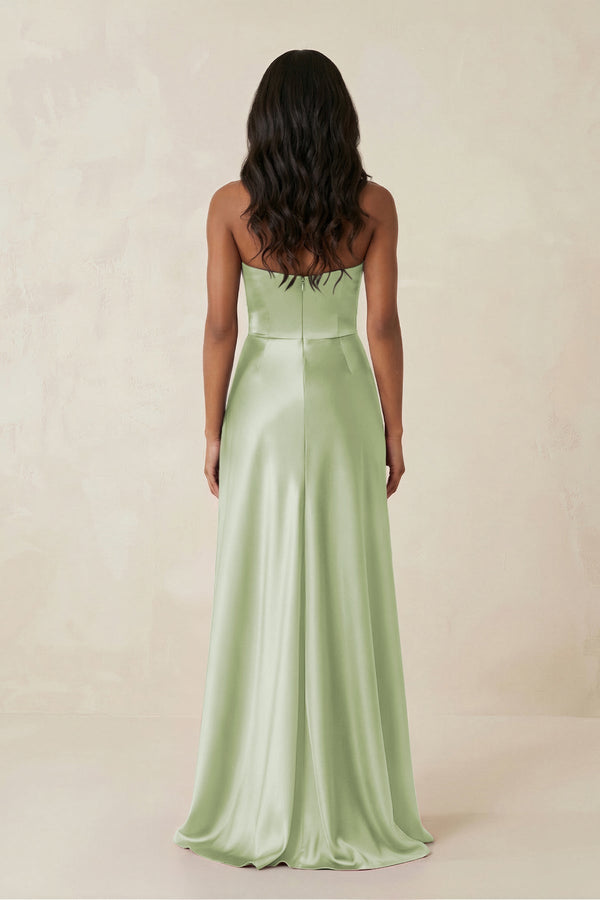 Sheath Strapless Ruffled Satin Bridesmaid Dress in Dusty Sage - KissProm Bridesmaid Dresses