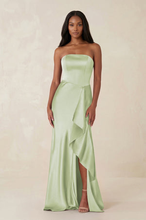 Sheath Strapless Ruffled Satin Bridesmaid Dress in Dusty Sage - KissProm Bridesmaid Dresses