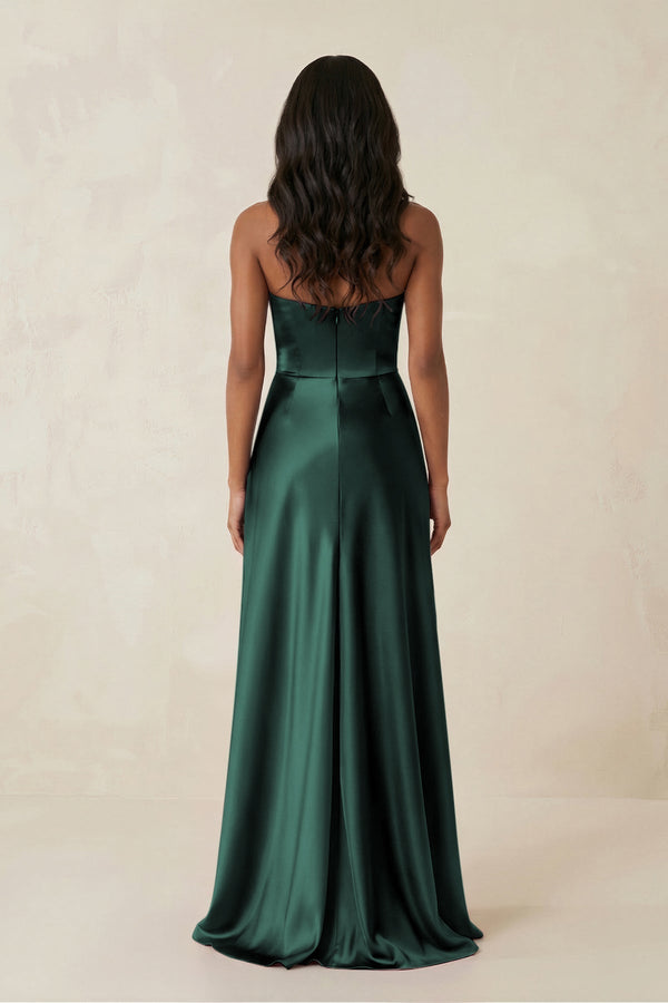 Sheath Strapless Ruffled Satin Bridesmaid Dress in Emerald - KissProm Bridesmaid Dresses