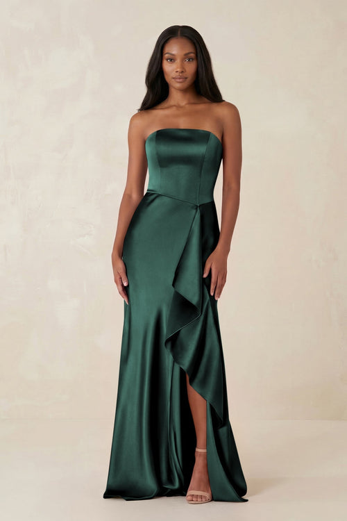 Sheath Strapless Ruffled Satin Bridesmaid Dress in Emerald - KissProm Bridesmaid Dresses