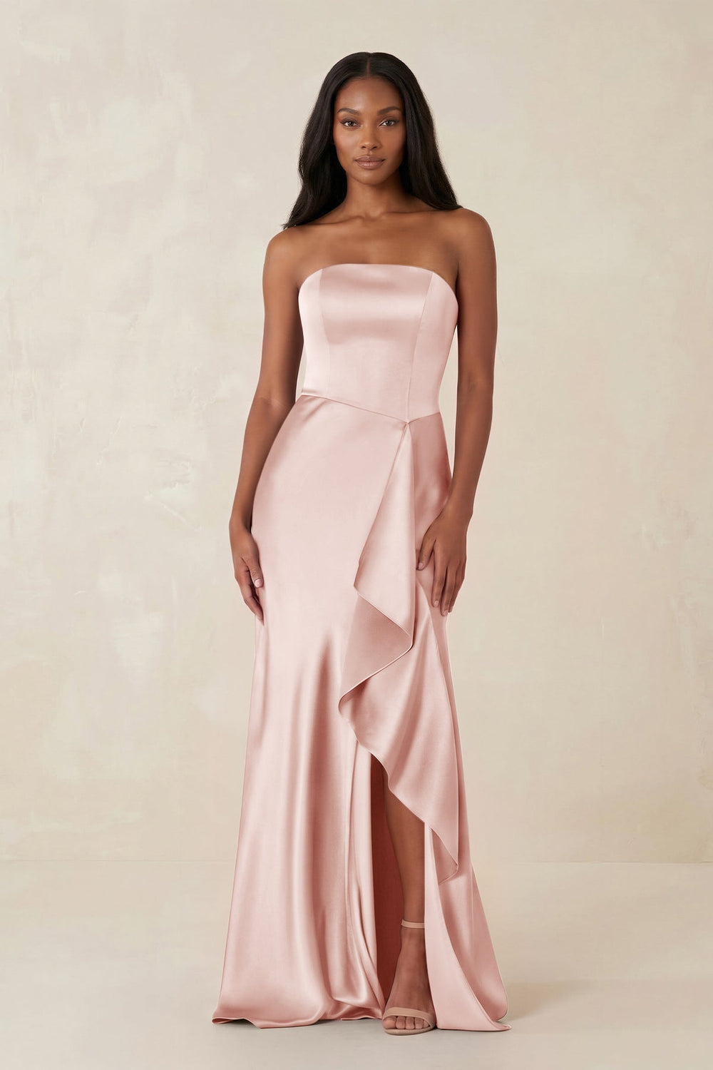 Sheath Strapless Ruffled Satin Bridesmaid Dress in English Rose - KissProm Bridesmaid Dresses