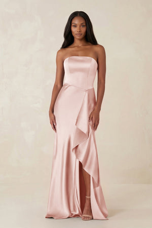 Sheath Strapless Ruffled Satin Bridesmaid Dress in English Rose - KissProm Bridesmaid Dresses