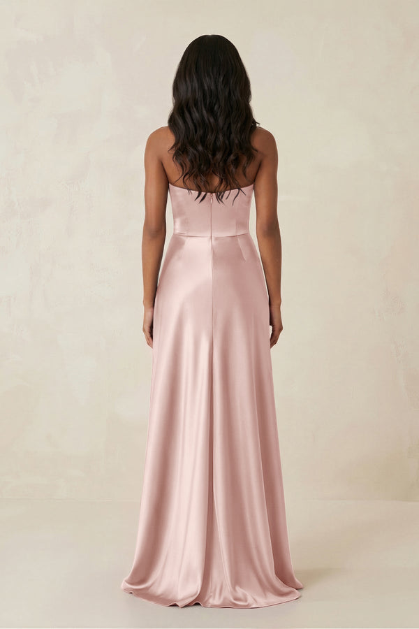 Sheath Strapless Ruffled Satin Bridesmaid Dress in English Rose - KissProm Bridesmaid Dresses