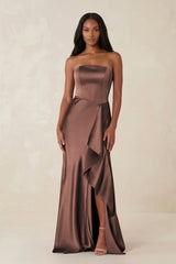 Sheath Strapless Ruffled Satin Bridesmaid Dress in Espresso - KissProm Bridesmaid Dresses