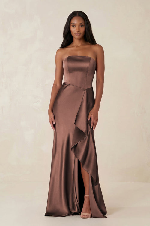 Sheath Strapless Ruffled Satin Bridesmaid Dress in Espresso - KissProm Bridesmaid Dresses