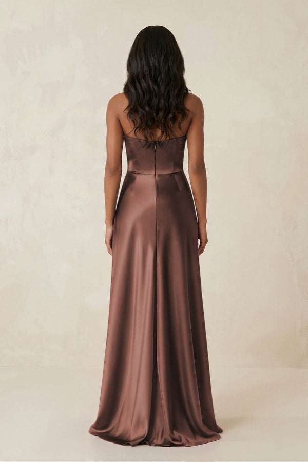 Sheath Strapless Ruffled Satin Bridesmaid Dress in Espresso - KissProm Bridesmaid Dresses