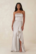 Sheath Strapless Ruffled Satin Bridesmaid Dress in Frost - KissProm Bridesmaid Dresses