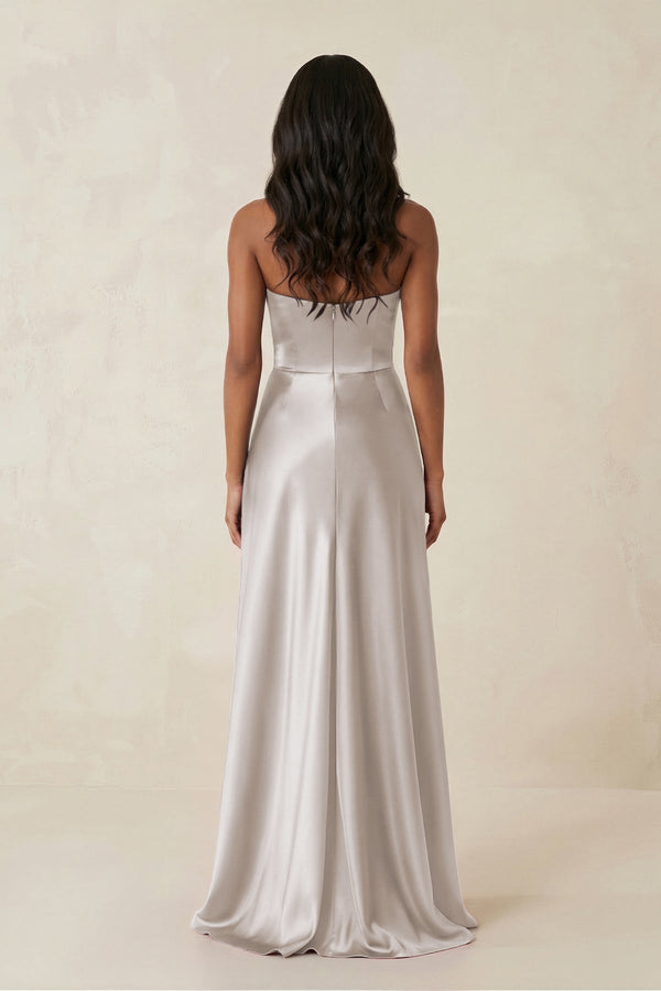 Sheath Strapless Ruffled Satin Bridesmaid Dress in Frost - KissProm Bridesmaid Dresses