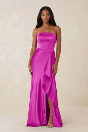 Sheath Strapless Ruffled Satin Bridesmaid Dress in Fuchsia - KissProm Bridesmaid Dresses