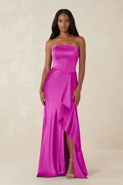 Sheath Strapless Ruffled Satin Bridesmaid Dress in Fuchsia - KissProm Bridesmaid Dresses