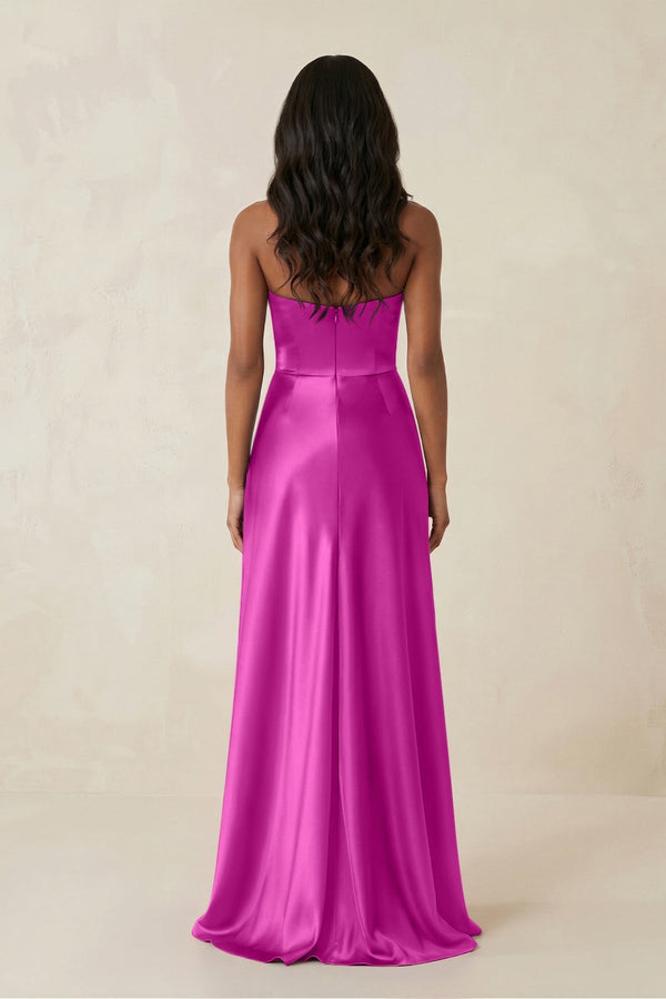 Sheath Strapless Ruffled Satin Bridesmaid Dress in Fuchsia - KissProm Bridesmaid Dresses