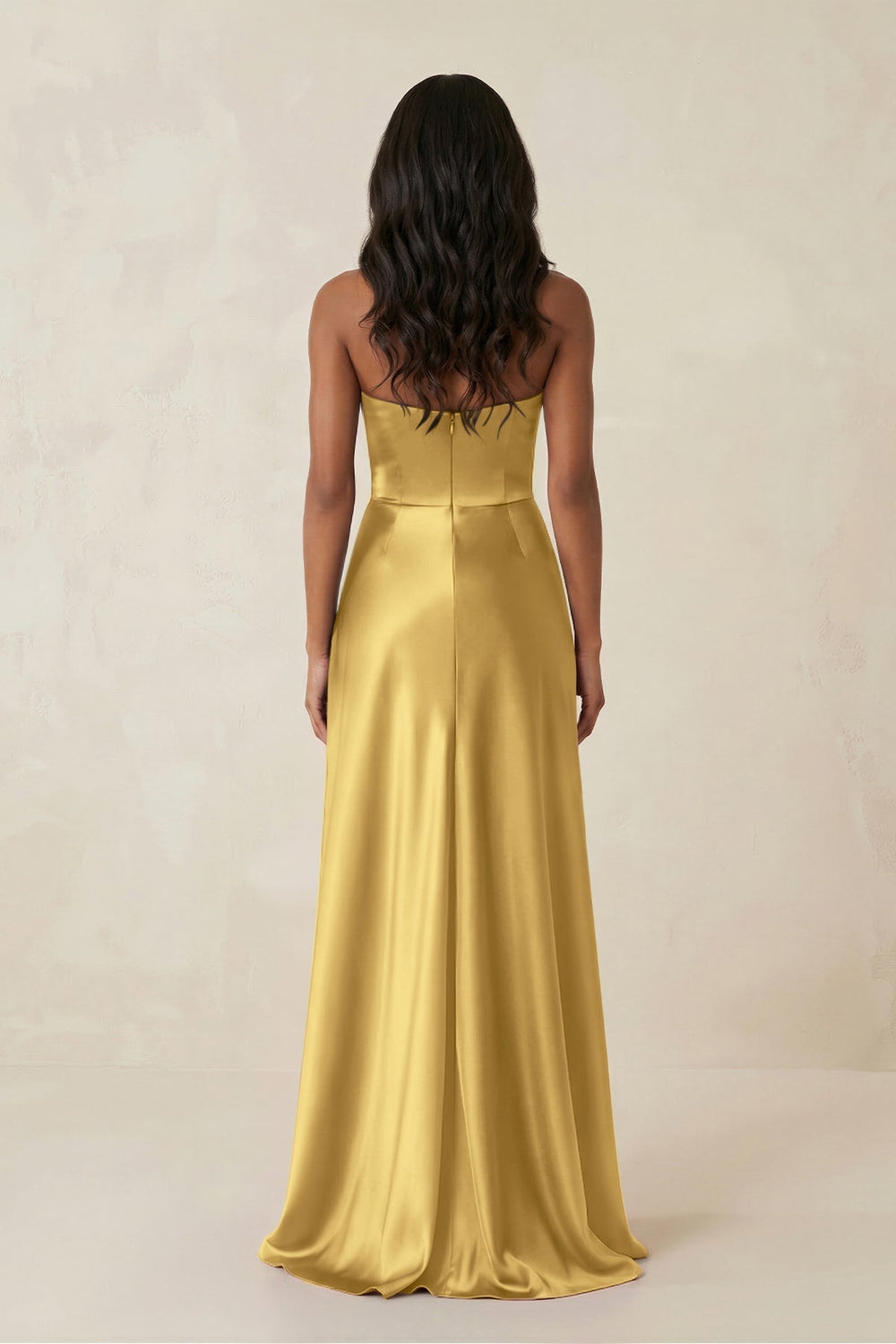 Sheath Strapless Ruffled Satin Bridesmaid Dress in Gold - KissProm Bridesmaid Dresses
