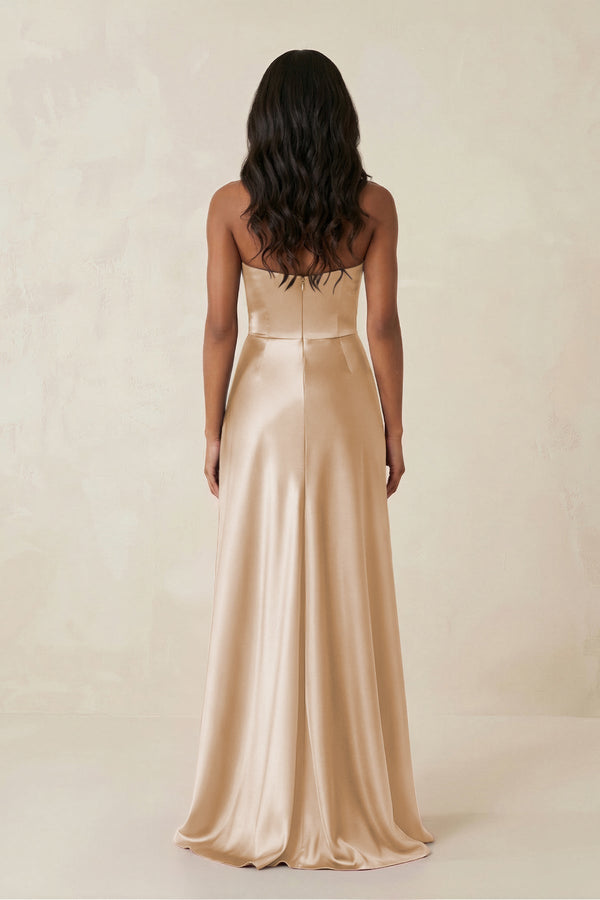 Sheath Strapless Ruffled Satin Bridesmaid Dress in Golden Champagne - KissProm Bridesmaid Dresses