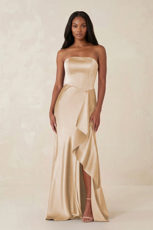 Sheath Strapless Ruffled Satin Bridesmaid Dress in Golden Champagne - KissProm Bridesmaid Dresses